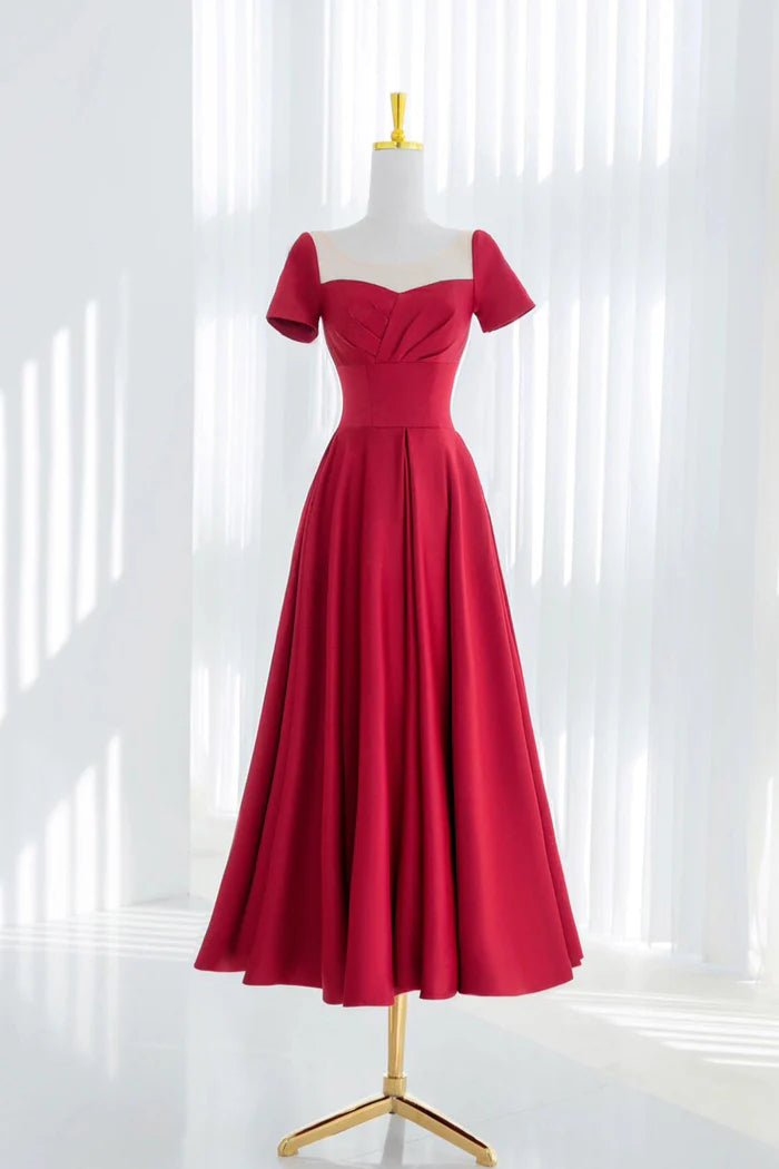 Red Satin Prom Dress, A-Line Beautiful Tea Length Evening Party Dress